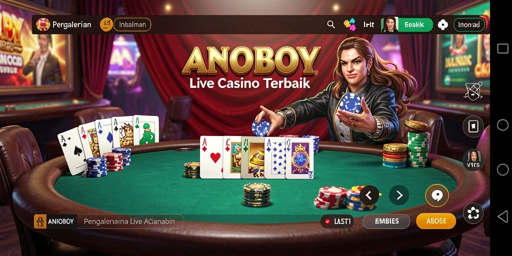 Screenshot gameplay ANOBOY menampilkan dealer dan pemain dalam suasana Live Casino.