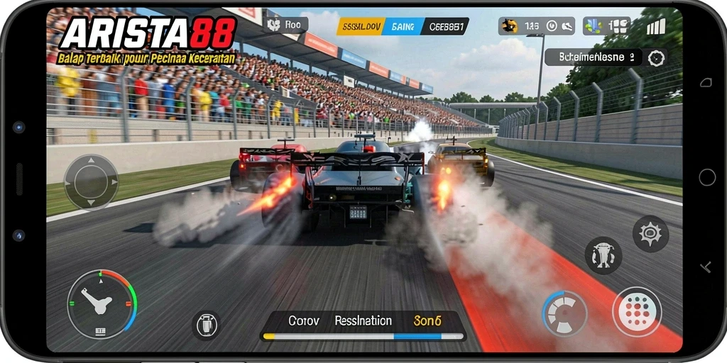 Tampilan aksi balap seru dalam ARISTA88 dengan mobil cepat.