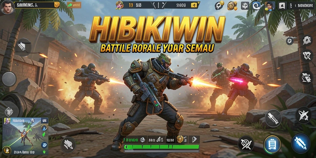 Screenshot HIBIKIWIN menampilkan aksi pertempuran yang mendebarkan dalam arena Battle Royale.