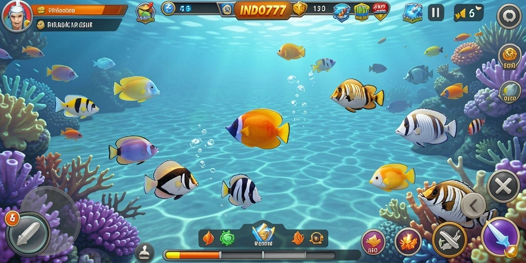 Tampilan gameplay <strong>INDO777</strong> saat berburu ikan di lautan.