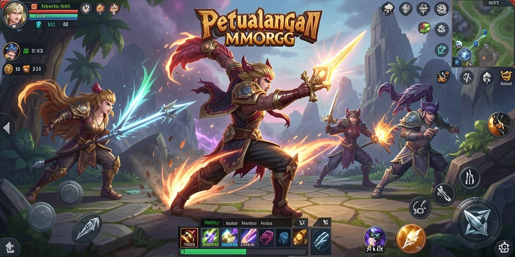 Screenshot menampilkan karakter bertarung dalam dunia fantasi yang menawan.