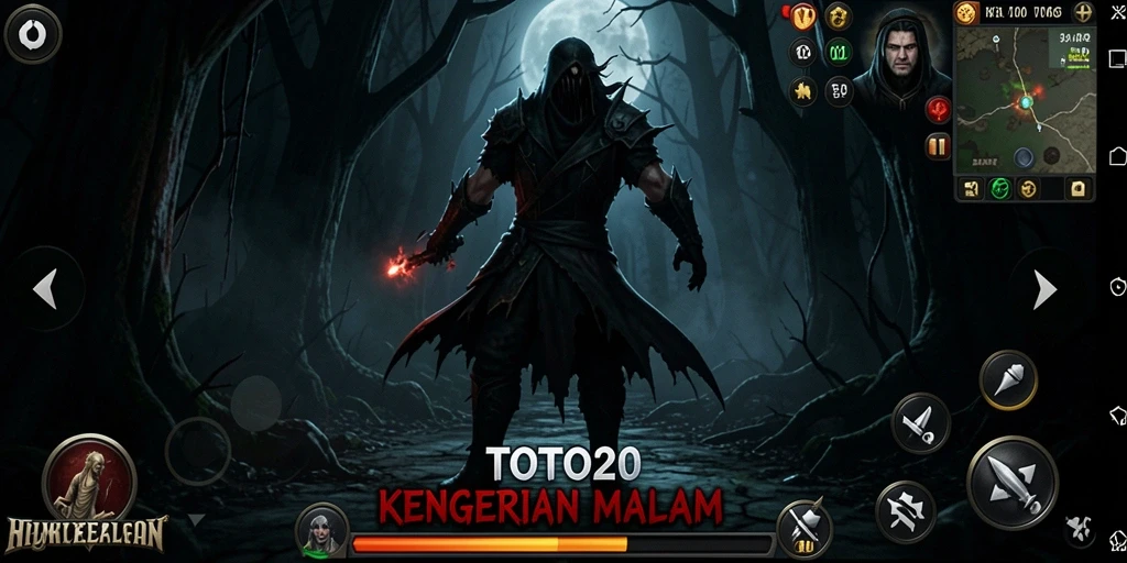 Screenshot menampilkan gameplay <strong>TOTO20</strong> yang menegangkan di lingkungan yang penuh kegelapan.