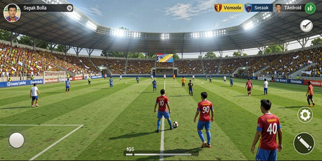 Screenshot gameplay V07 dengan aksi permainan sepak bola yang mendebarkan.